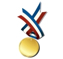 A gold medal with red, white and blue ribbons.