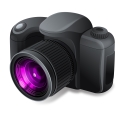 A camera with purple lens and black body.
