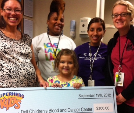 A group of people standing around a girl holding a large check.