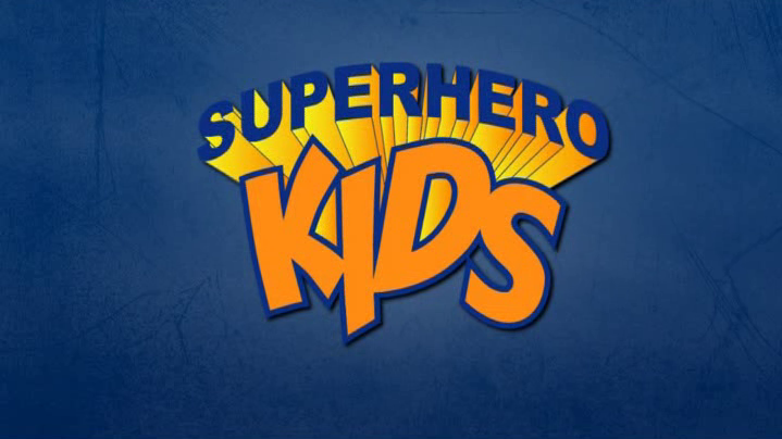 A blue and yellow logo for superhero kids.
